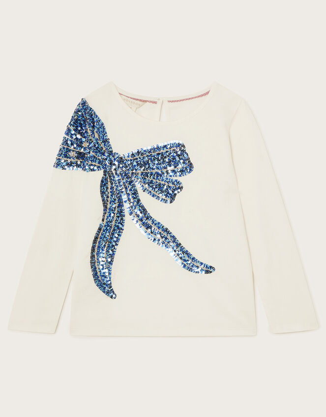 Sequin Bow Long Sleeve Top, Ivory (IVORY), large