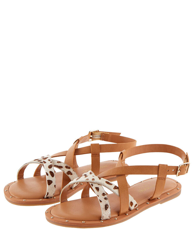 Animal Print Leather Strap Sandals, Tan (TAN), large