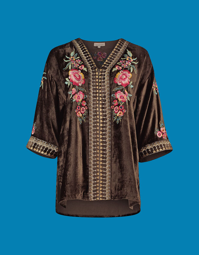 East Kora Embroidered Velvet Top, Brown (BROWN), large