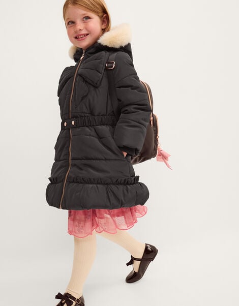 Bow Hooded Puffer Coat, Black (BLACK), large