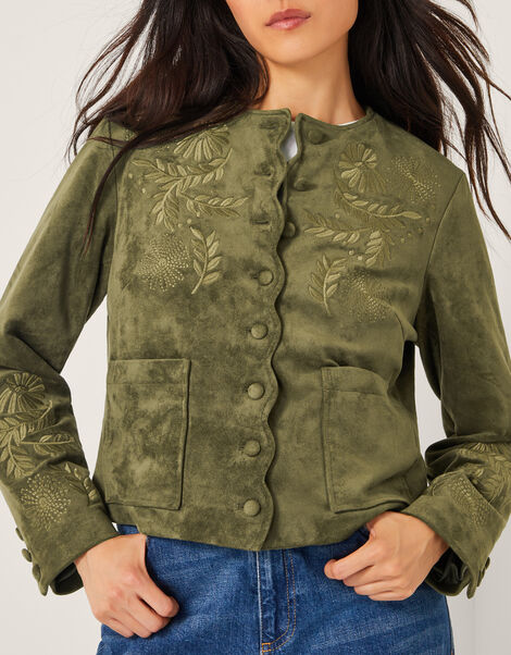 Ari Embroidered Suedette Jacket, Green (KHAKI), large