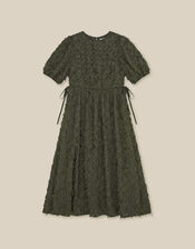 Felicity Short Sleeve Textured Fringe Midi Dress, Green (DARK GREEN), large