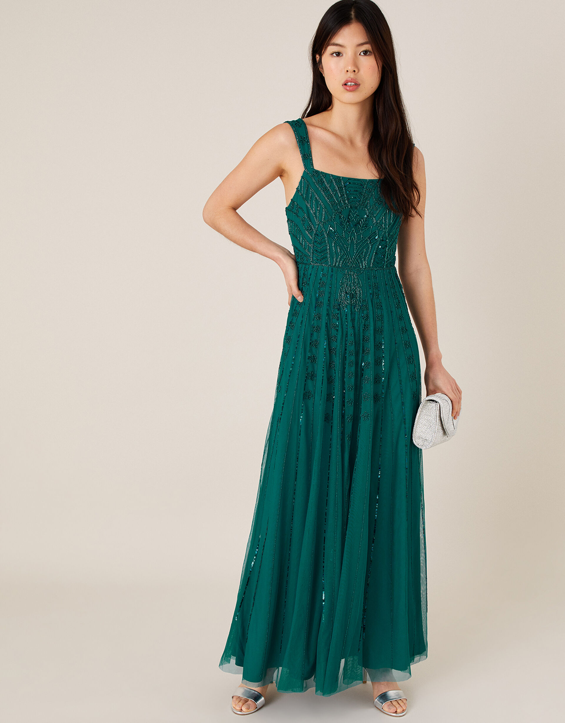 Women Green Floral Square Neck Maxi Dress