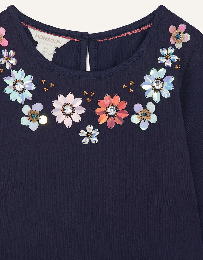 Gem Flower Neckline Top, Blue (NAVY), large