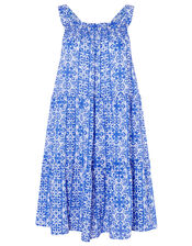 Beaded Neckline Printed Dress, Blue (BLUE), large