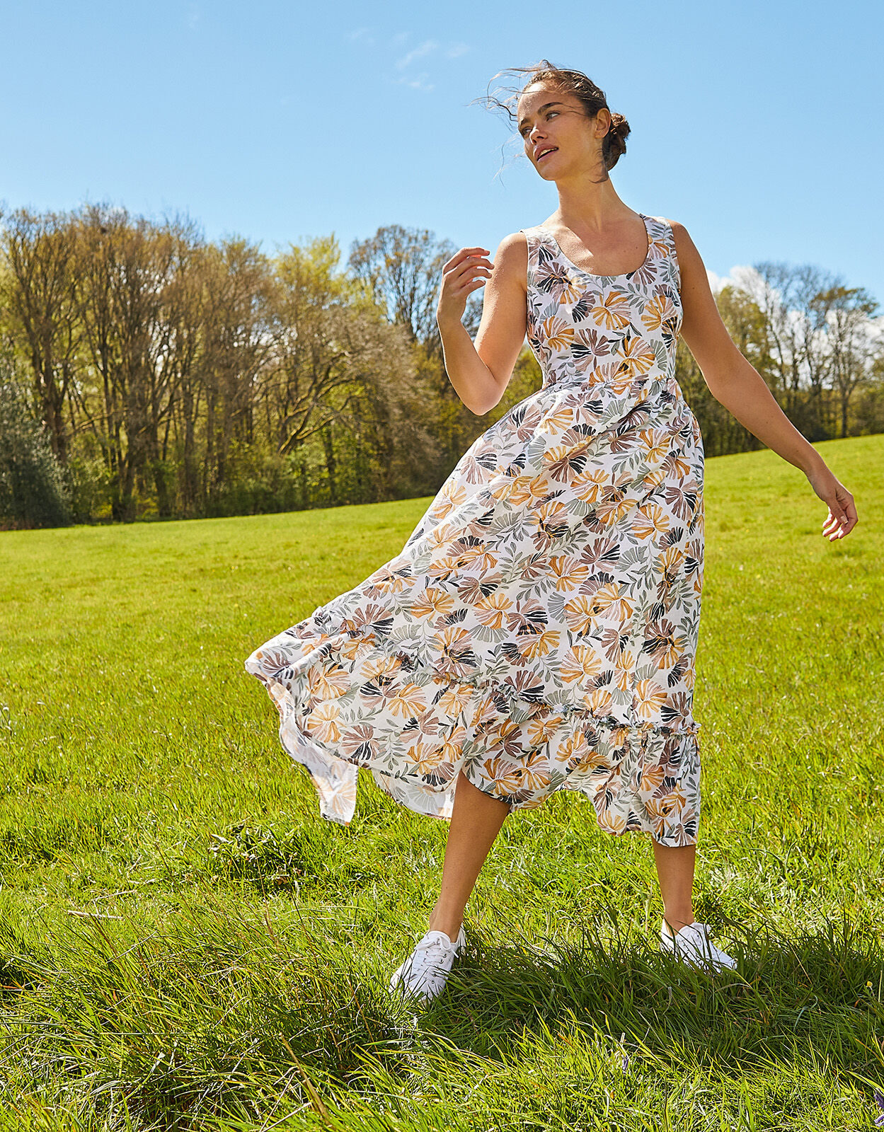 Palm Print Sundress in Linen Blend Natural