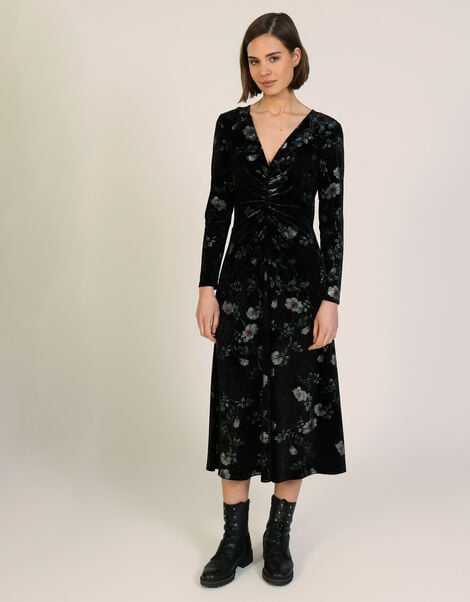 Traffic People Blain Floral Velvet Midi Dress, Black (BLACK), large