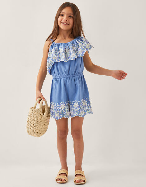 Embroidered Frill Playsuit, Blue (BLUE), large