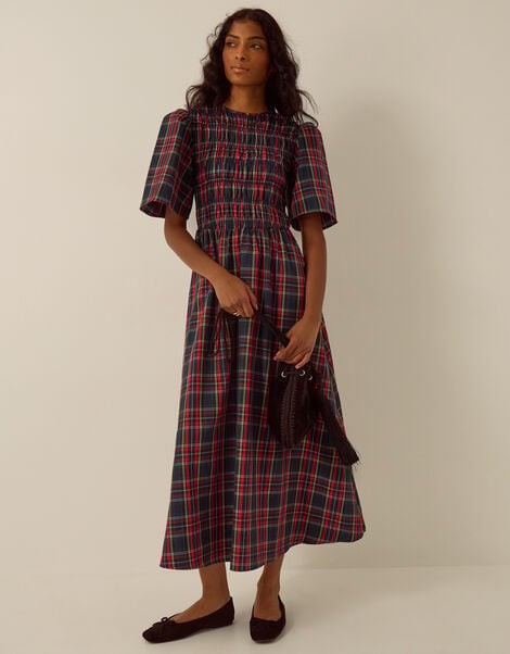 Dottie Short Sleeve Smocked Tartan Midi Dress, Red (RED), large