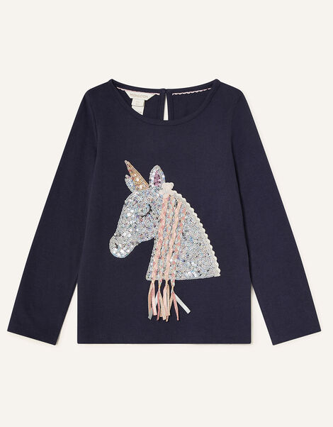 Sequin Horse Long Sleeve Top Blue, Blue (NAVY), large
