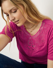 Embroidered Detail Jersey Linen T-Shirt, Pink (PINK), large