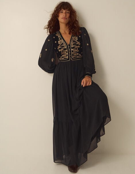 Ella Floral Embellished Velvet Maxi Dress, Black (BLACK), large