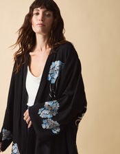 Clemence Butterfly Embroidered Long Kimono, Black (BLACK), large