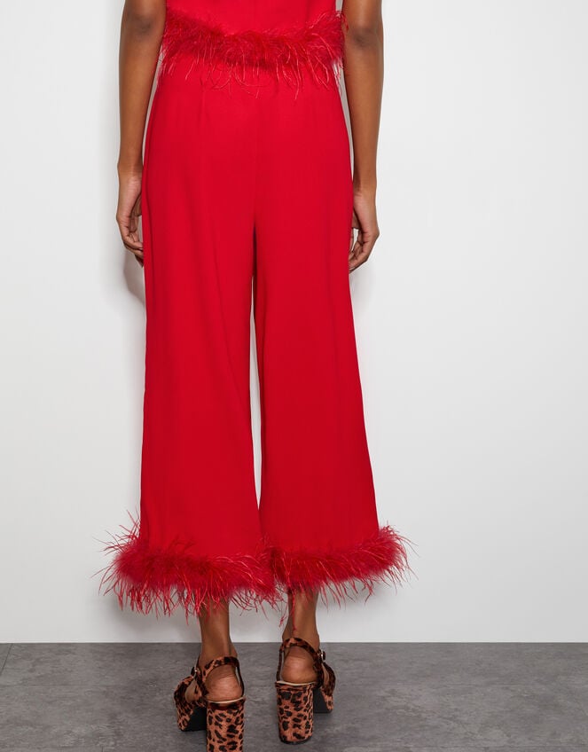 Monsoon x Sarah Corbett-Winder Feather Trim Cropped Trousers, Red (RED), large
