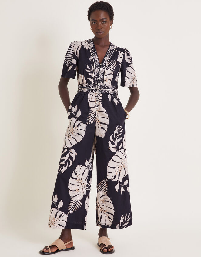 Petra Palm Print Jumpsuit, Black (BLACK), large