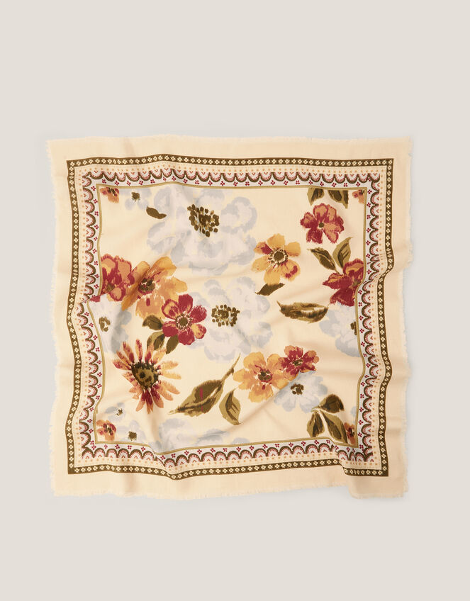 Olive Floral Print Square Scarf, , large