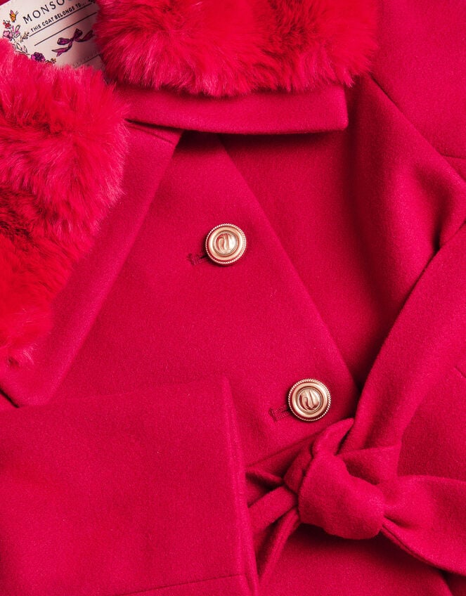 Faux Fur Collar Belted Coat, Red (RED), large