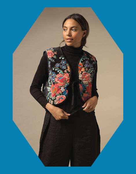 One Hundred Stars Flower Print Gilet, Black (BLACK), large