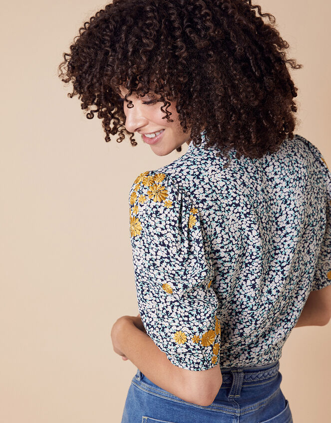 Ditsy Floral Embroidered Shirt in Sustainable Viscose, Ivory (IVORY), large