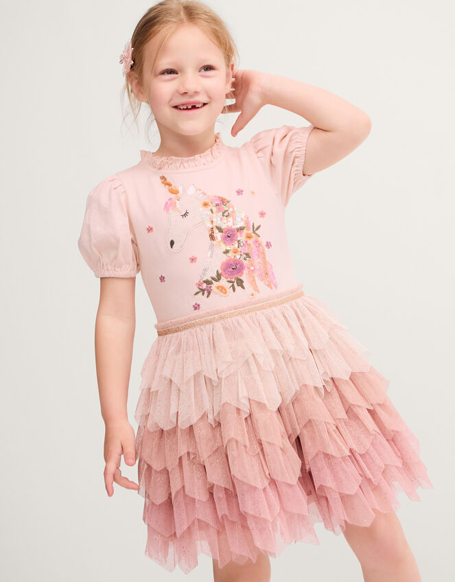 Unicorn Embellished Tiered Disco Dress, Pink (PINK), large