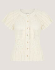 Indi Short Sleeve Floral Pointelle Cardigan, Ivory (IVORY), large