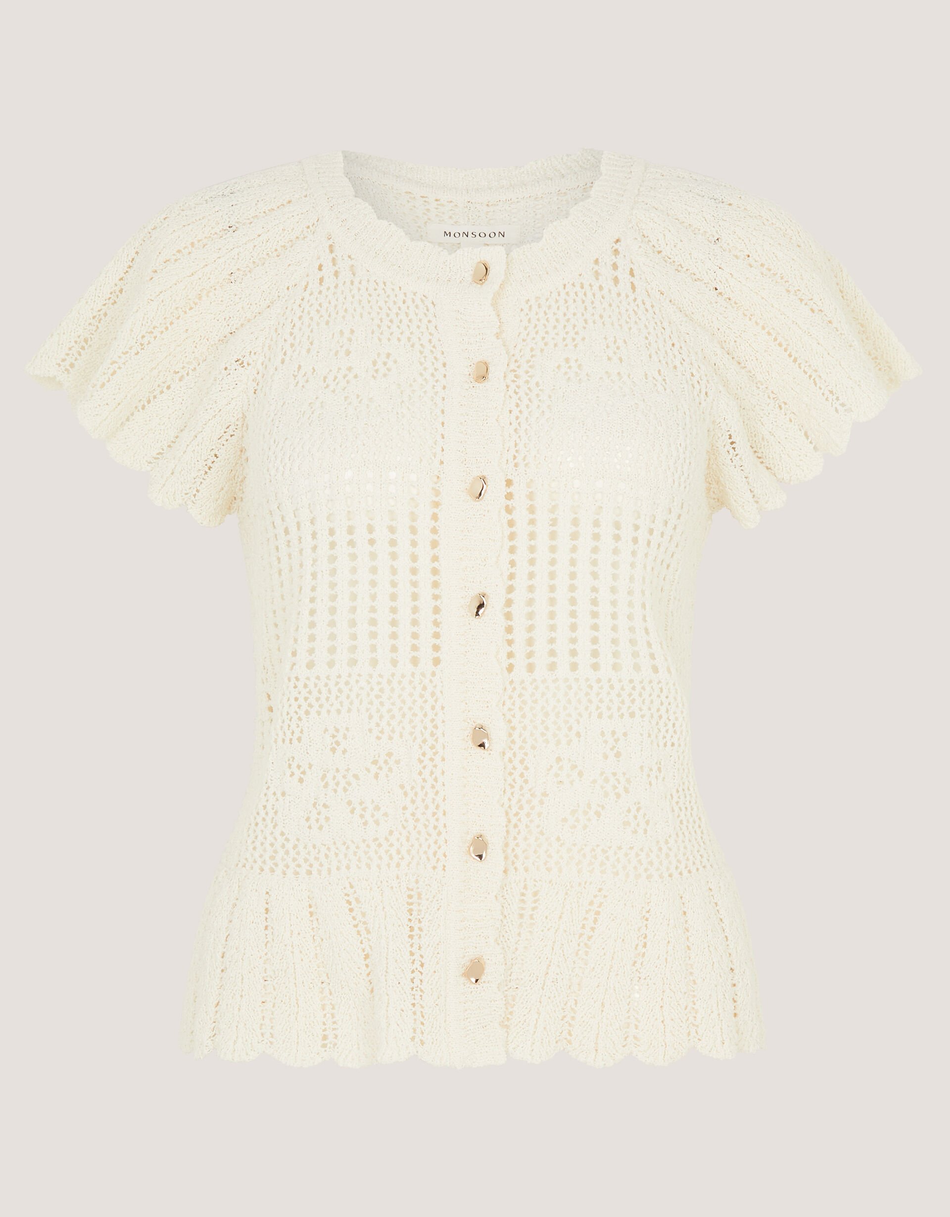 Indi Short Sleeve Floral Pointelle Cardigan, Ivory (IVORY), large