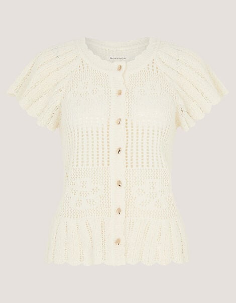 Indi Short Sleeve Floral Pointelle Cardigan, Ivory (IVORY), large