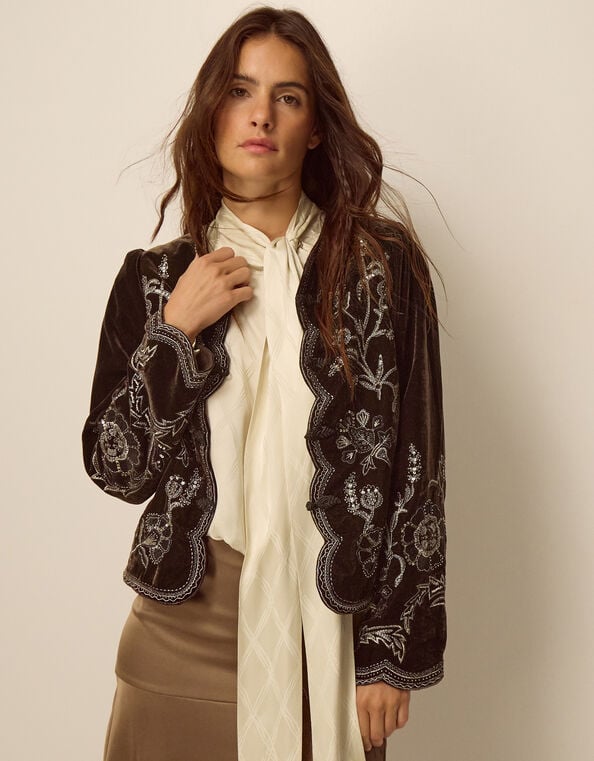 Julia Floral Embellished Velvet Jacket, Brown (CHOCOLATE), large