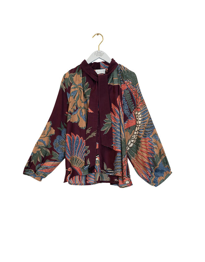 One Hundred Stars Crane Print Pussybow Blouse, Purple (PLUM), large