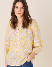 Printed Long Sleeve Top in Linen Gauze, Ivory (IVORY), large