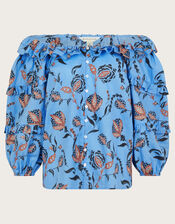 Clara Floral Frill Blouse, Blue (BLUE), large