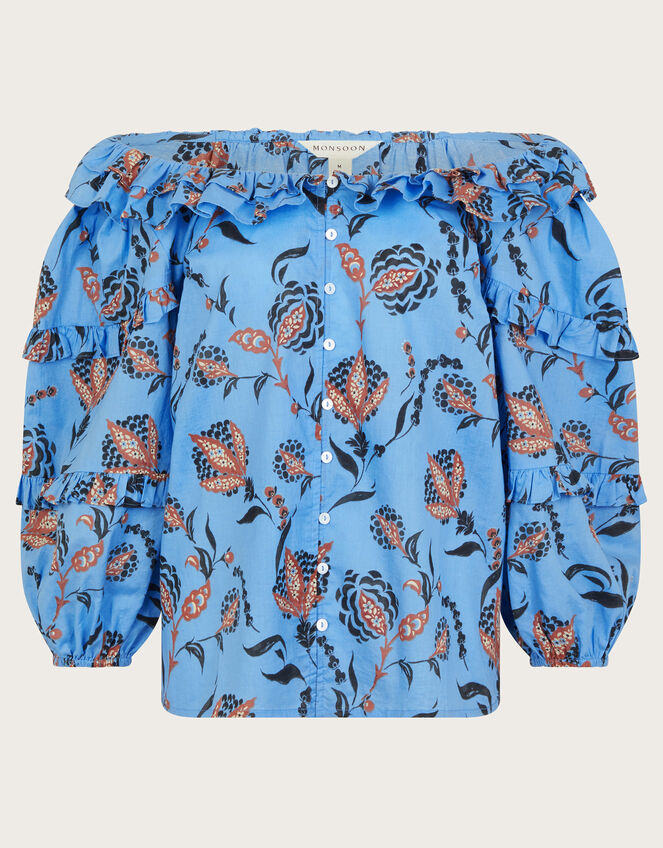 Clara Floral Frill Blouse, Blue (BLUE), large
