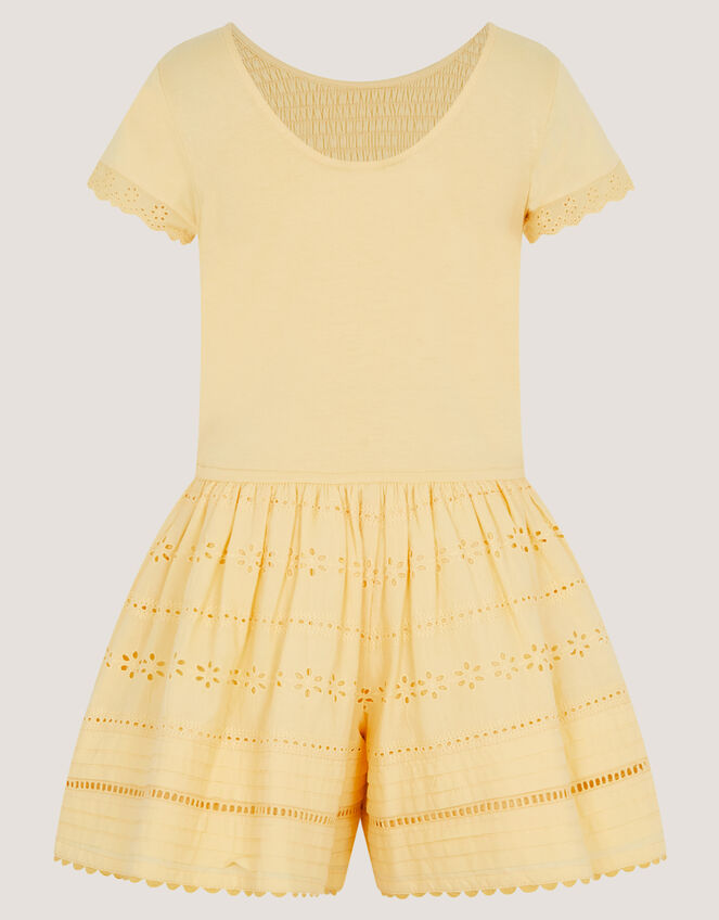 Smocked Broderie Playsuit, Yellow (YELLOW), large