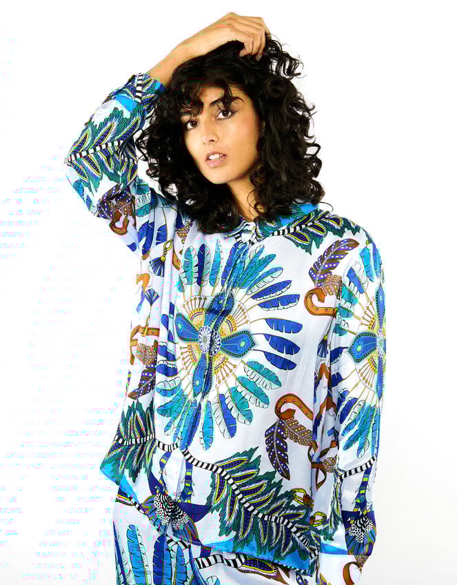 Wild Bonaventure Feather Print Shirt, Blue (BLUE), large