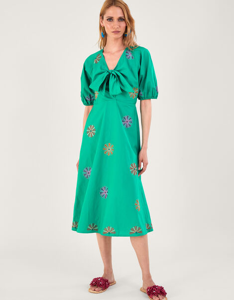 Embroidered Flower Midi Dress, Green (GREEN), large