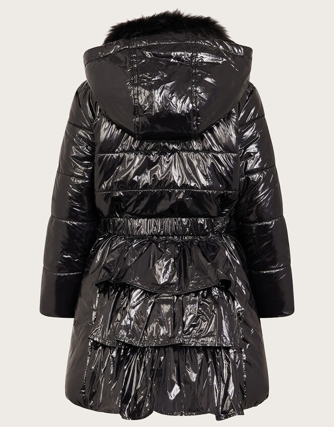 High Shine Ruffle Padded Coat, Black (BLACK), large