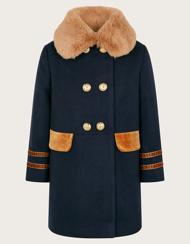 Military Faux Fur Trim Coat, Blue (NAVY), large