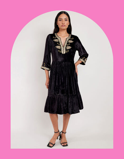 East Daniella Embroidered Velvet Dress, Black (BLACK), large