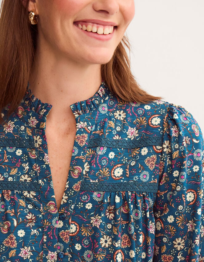 Francine Floral Jersey Blouse, Teal (TEAL), large