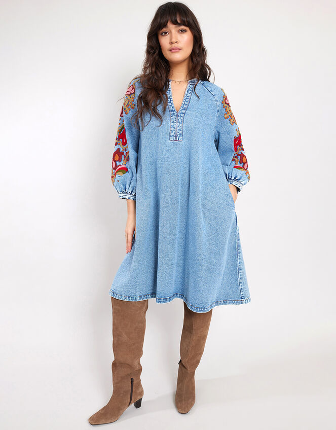 East Embroidered Denim Dress, Blue (BLUE), large