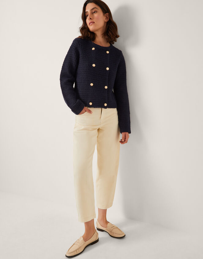 Skye Double-Breasted Waffle Knit Cardigan, Blue (NAVY), large