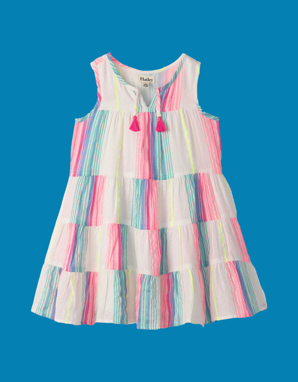 Hatley Neon Stripe Tiered Dress, White (WHITE), large
