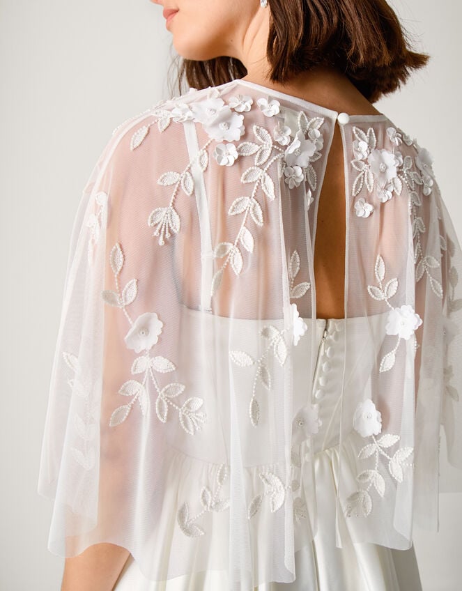 Celeste Satin Wedding Dress with Floral Embellished Cape, Ivory (IVORY), large