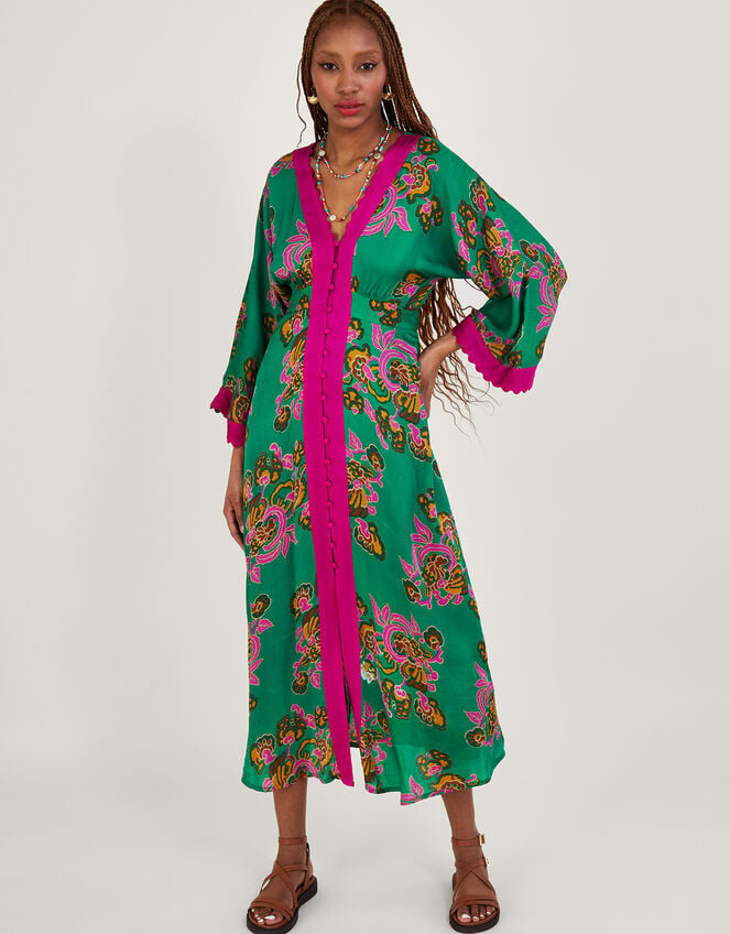 Button Through Print Kaftan Dress, Green (GREEN), large