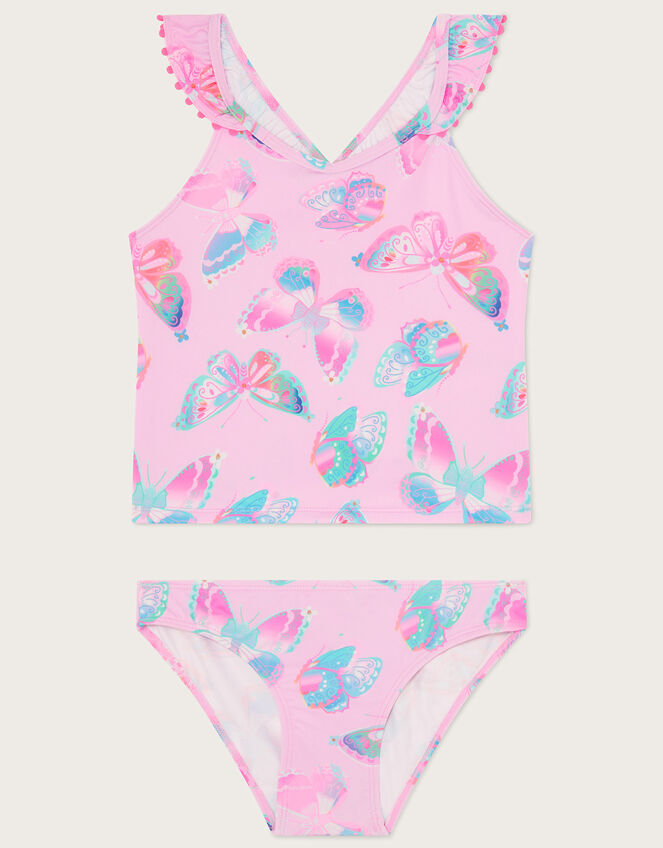 Butterfly Print Pom-Pom Tankini Set, Pink (PALE PINK), large