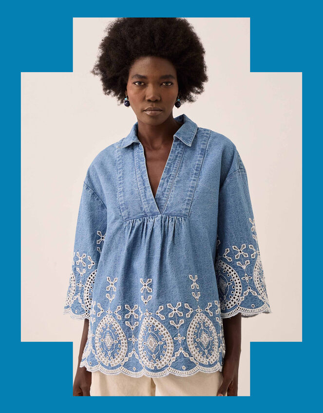 East Coralie Broderie Denim Top, Blue (BLUE), large