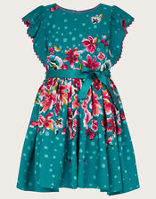 Placement Floral Waist Short Sleeve Dress, Teal (TEAL), large