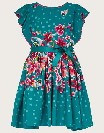Placement Floral Waist Short Sleeve Dress Teal, Teal (TEAL), large