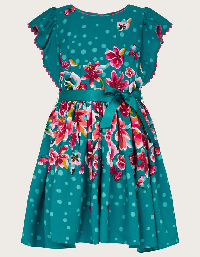 Placement Floral Waist Short Sleeve Dress, Teal (TEAL), large