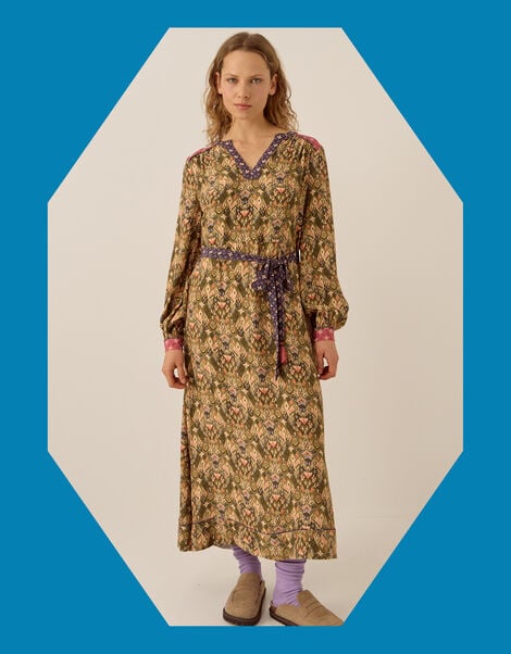 East Ikat Print Midi Dress, Green (GREEN), large